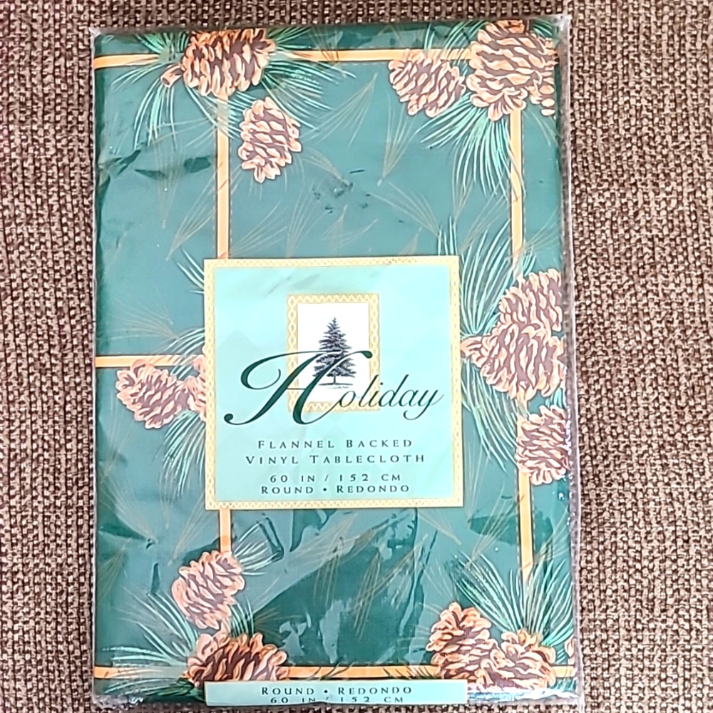 60" round tablecloth, green with pinecones, etc.